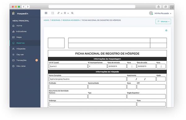 FNRH - Ficha Nacional de Registro de Hóspedes do software para hotel